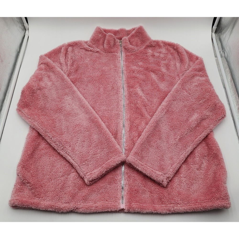 Le Moda Faux Fur Jacket Womens XL Blush Pink Shimmer Metallic Zip Up Mock Neck